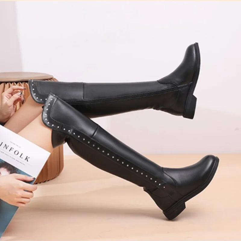 Over The Knee Boots Ladies Winter Wool Warm Genuine Leather Shiny Fashion Ladies Knee Boots Large Size Female Riding Boots