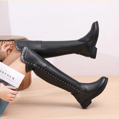Over The Knee Boots Ladies Winter Wool Warm Genuine Leather Shiny Fashion Ladies Knee Boots Large Size Female Riding Boots