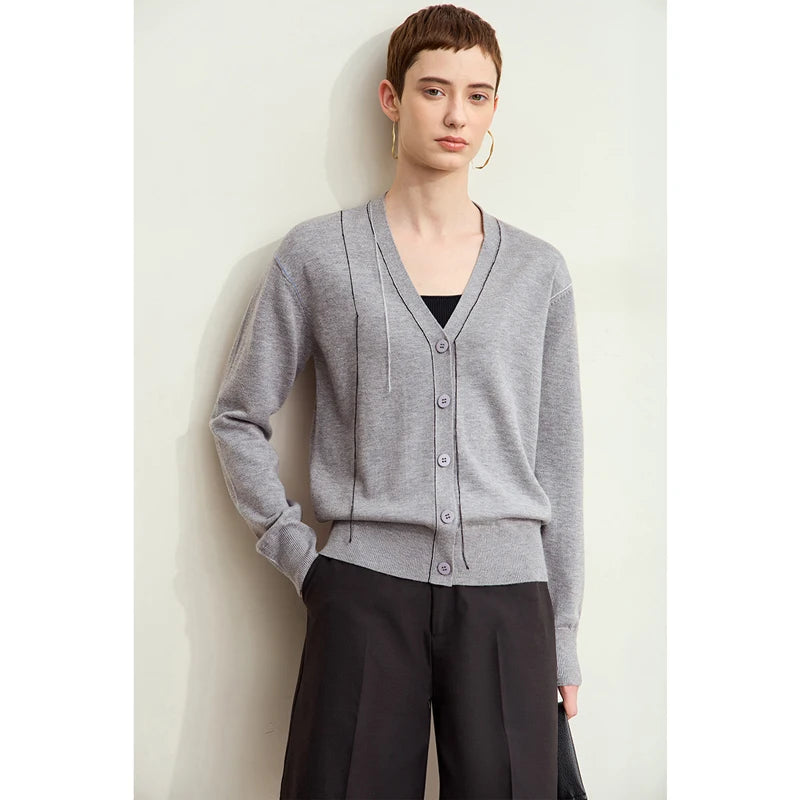 Damen-Strickjacke V-Ausschnitt Patchwork Raglan Wolle-Mix Herbst