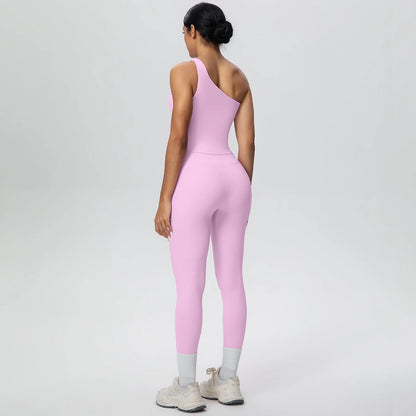 Rosa Yoga-Sportset aus Crop-Top und Leggings, Rückansicht mit breitem Taillenbund