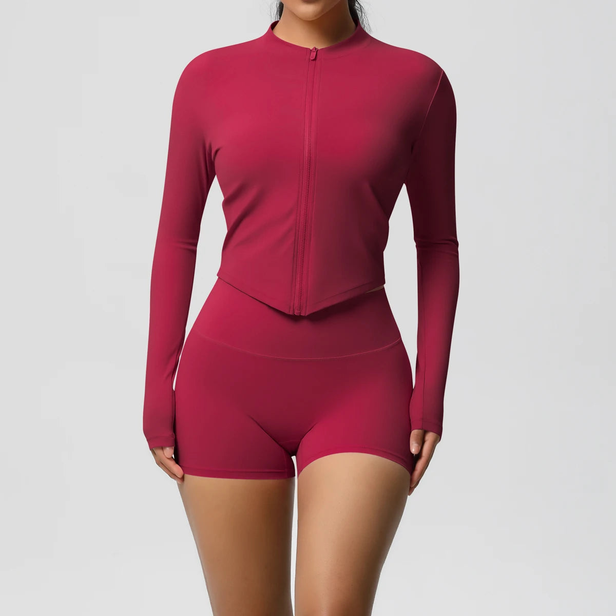Yoga-Set für Damen, weinrote Langarmjacke mit Reißverschluss und Shorts