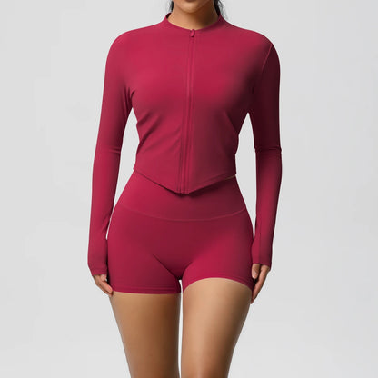 Yoga-Set für Damen, weinrote Langarmjacke mit Reißverschluss und Shorts
