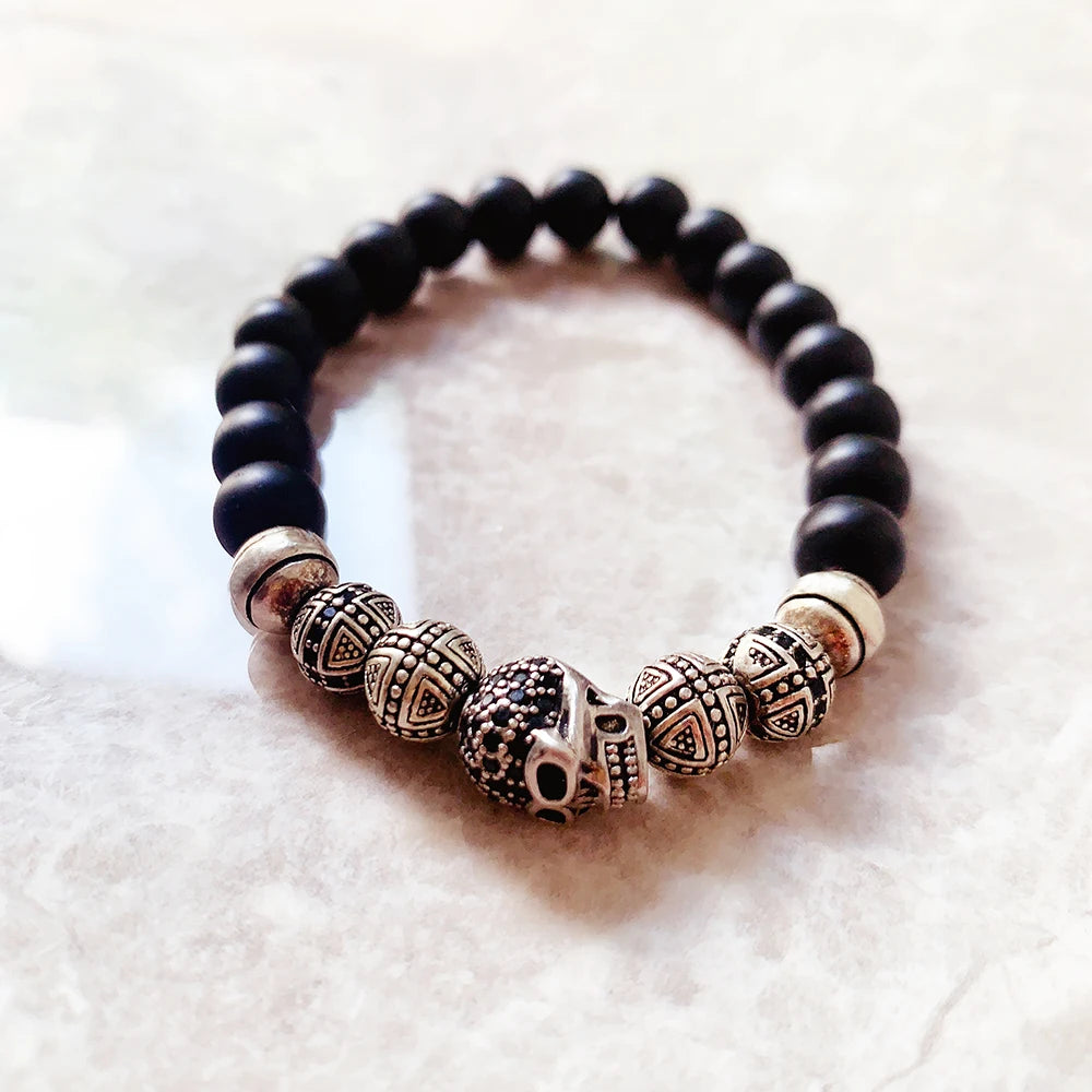 Damen-Armband Totenkopf-Kreuz Punk Obsidian aus Sterlingsilber