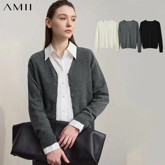 Damen-Strickjacke mit V-Ausschnitt aus Wolle, lange Ärmel, grauer Cardigan-Look, Knopfleiste