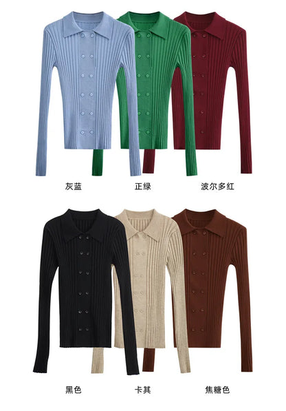 Damen-Strickjacke Polokragen Slim doppelreihig Wolle-Mix Frühling-Herbst