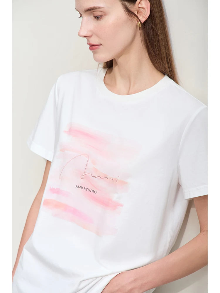 Damen T-Shirts im lässigen Minimalismus-Stil mit O-Ausschnitt und Stickerei