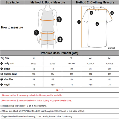 Größentabelle für Herren-T-Shirts: Körper- und Kleidungsmaße in CM
