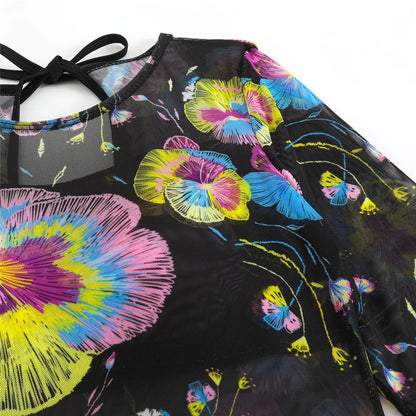 Damen-Badeanzug 3-teilig Print Langarm Sarong-Set gepolstert