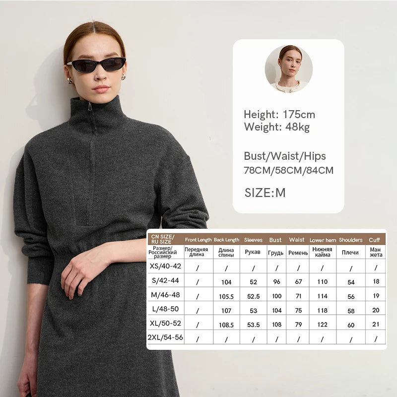 Dunkelgraues Rollkragenkleid mit Reißverschluss; Größen- und Passformtabelle