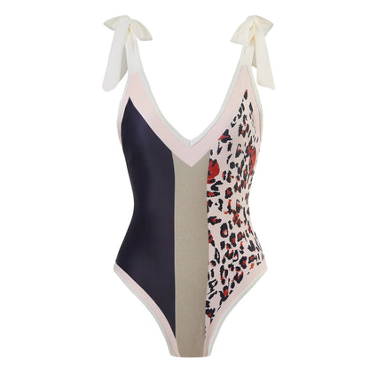 Damen Badeanzug Leopard Spleiß V-Ausschnitt mit Rock Monokini