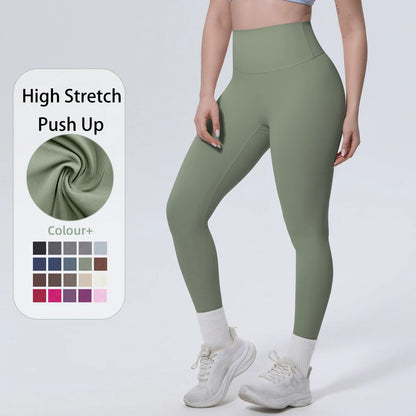 High-Waist-Yogaleggings olivgrün, seitliche Ansicht, enges Bein mit breitem Bund