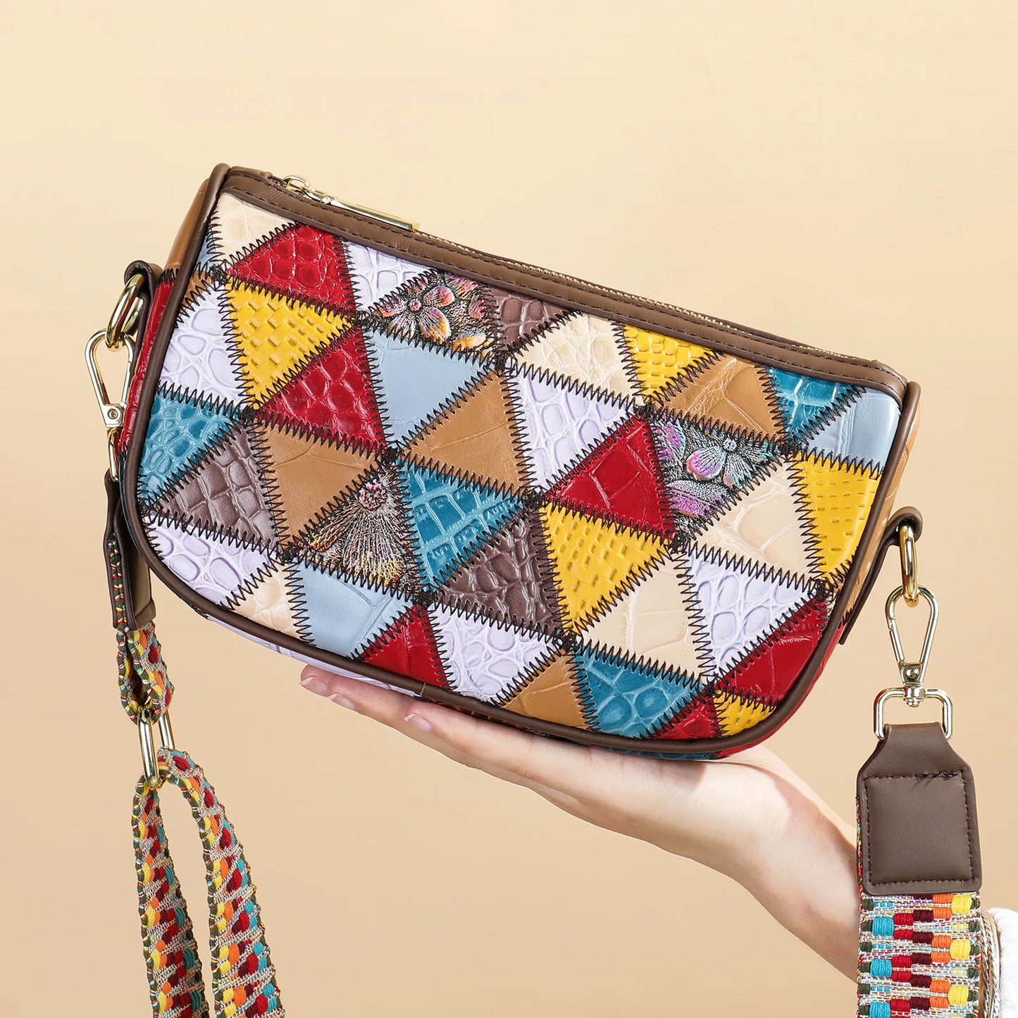 Damen-Schultertasche Patchwork-Leder Boho-Stil