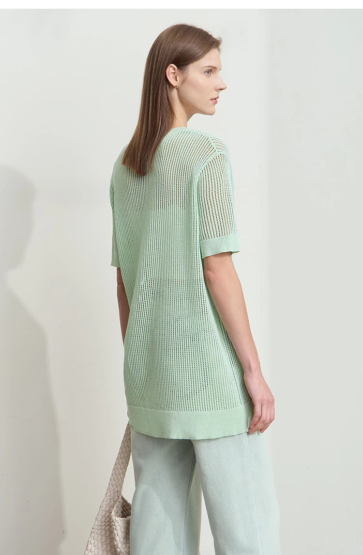 AMII Damen-Pullover Rückansicht, Kurzarm, leichtes Lochmuster, mintgrün