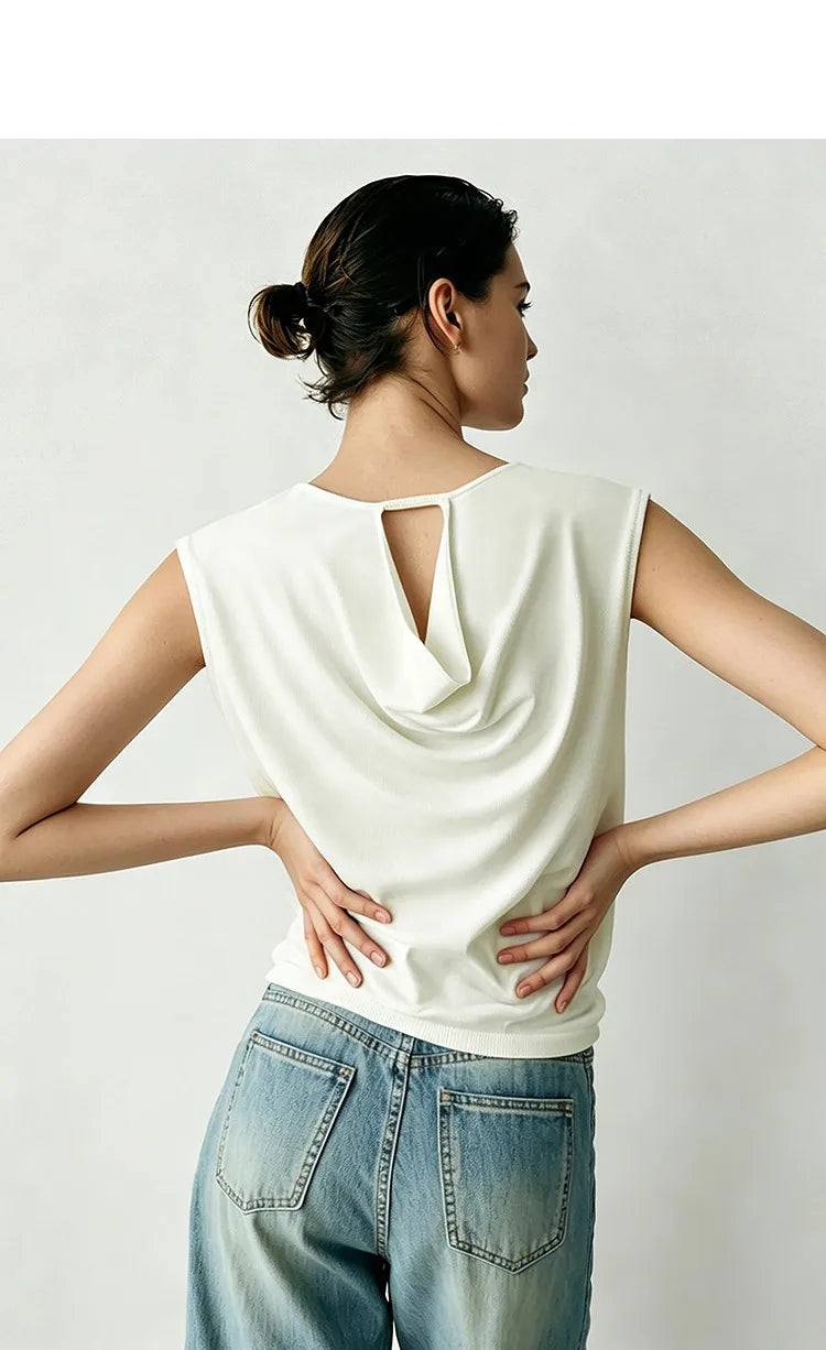 Damen-Rundhalspullover ärmellos Drapierung Cut-Out Lyocell Sommer
