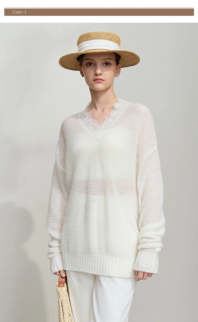 Damen V-Ausschnitt Pullover Mohair Spitze locker mittellang Frühling