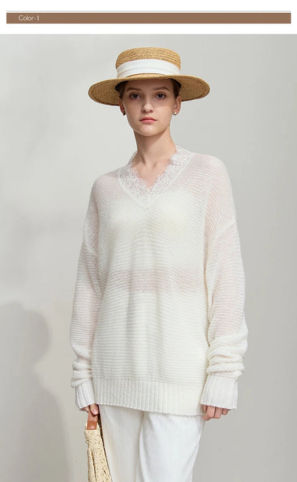 Damen V-Ausschnitt Pullover Mohair Spitze locker mittellang Frühling
