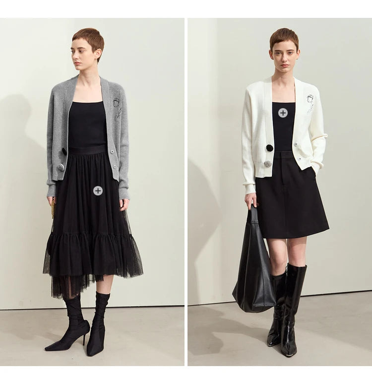 Damen-Strickjacke V-Ausschnitt Stickerei locker Langarm Herbst