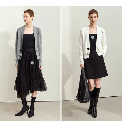Damen-Strickjacke V-Ausschnitt Stickerei locker Langarm Herbst