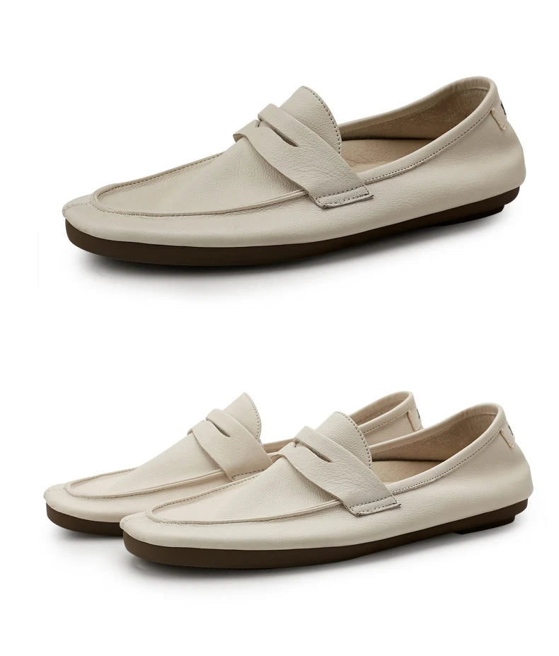 Beige Herren-Slip-On-Loafer aus Leder, seitliche Ansicht mit Zierlasche