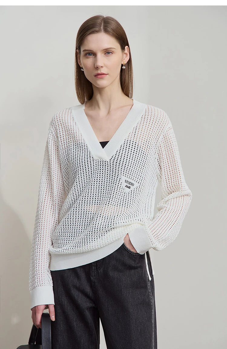 Damen-Strickpullover mit V-Ausschnitt, langarm, Lochmuster, cremeweiß