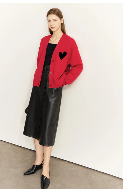 Damen-Strickjacke V-Ausschnitt Wollstickerei locker romantisch Winter