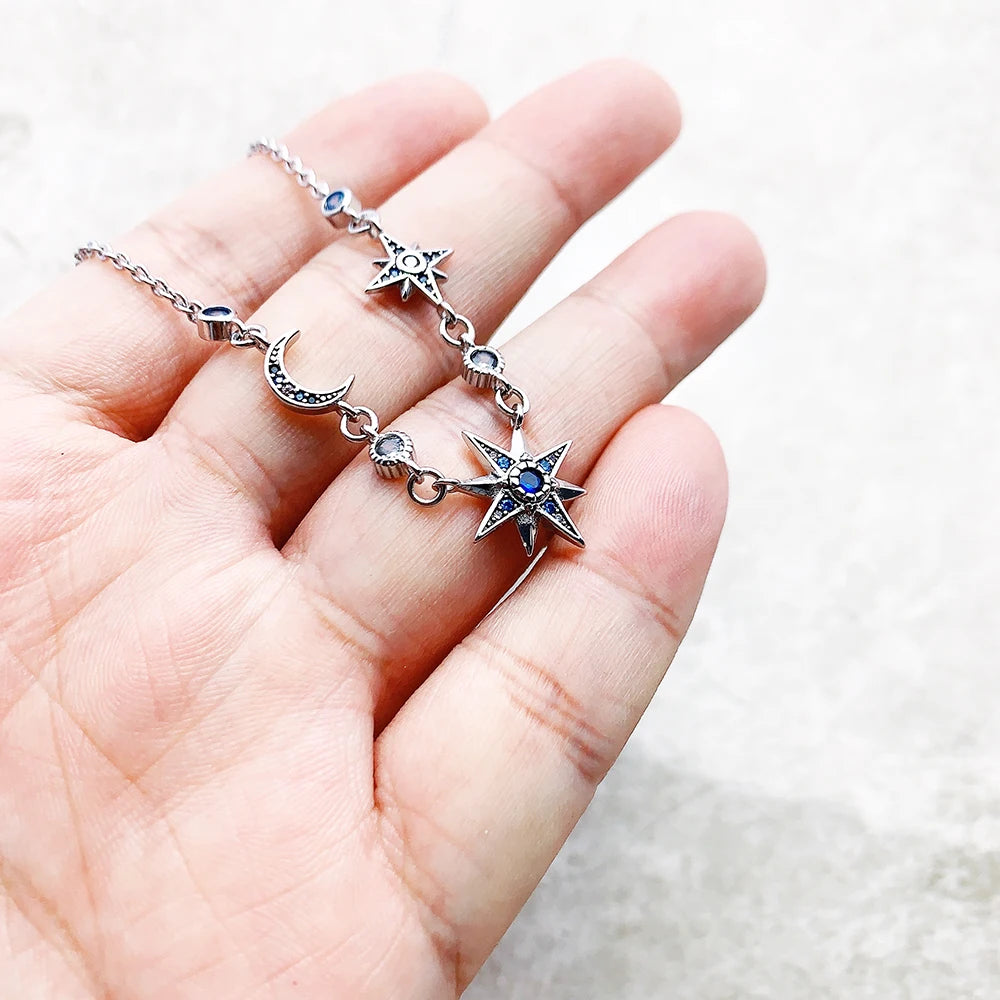 Damen-Halskette Stern und Mond Royalty Gliederkette aus Sterlingsilber