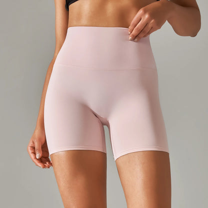 Nahtlose Sportshorts für Frauen mit hohem Bund, hellrosa, glatter Sitz