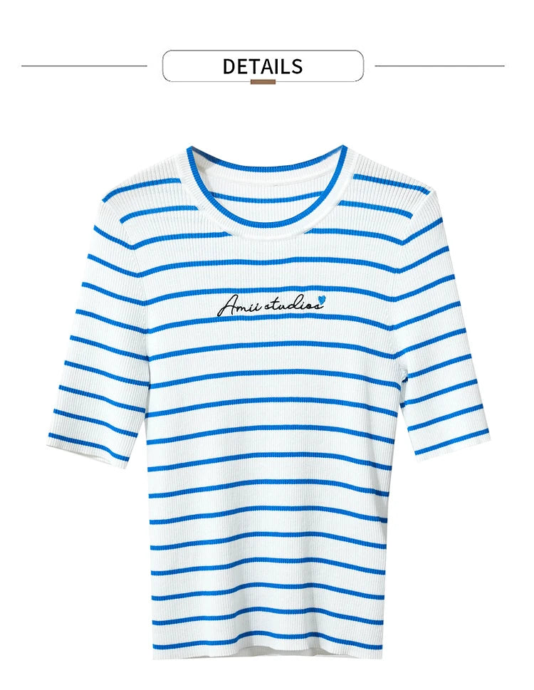 Damen gestreiftes Hemd mit Rundhals und schöner Stickerei für den Sommer