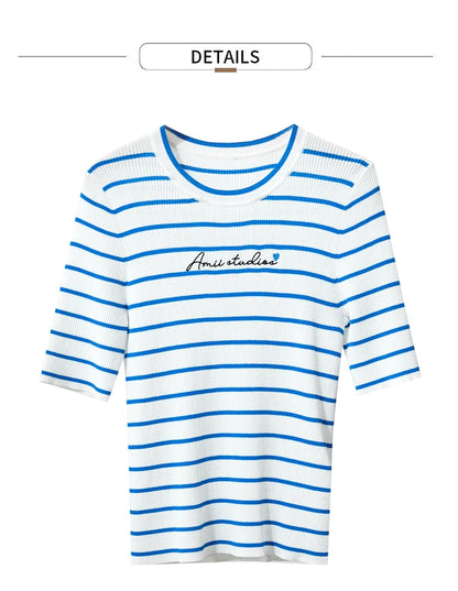 Damen gestreiftes Hemd mit Rundhals und schöner Stickerei für den Sommer