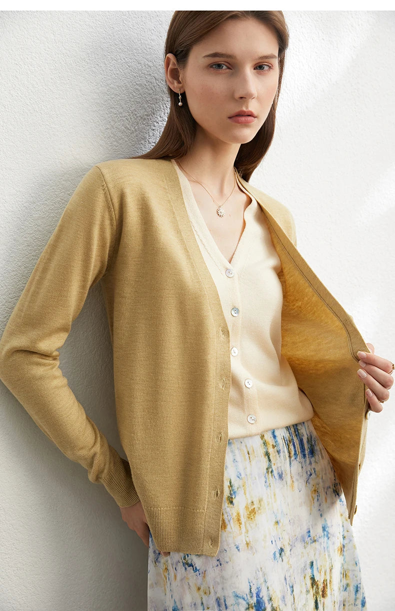 Damen-Strickjacke V-Ausschnitt dünn locker Patchwork Sommer