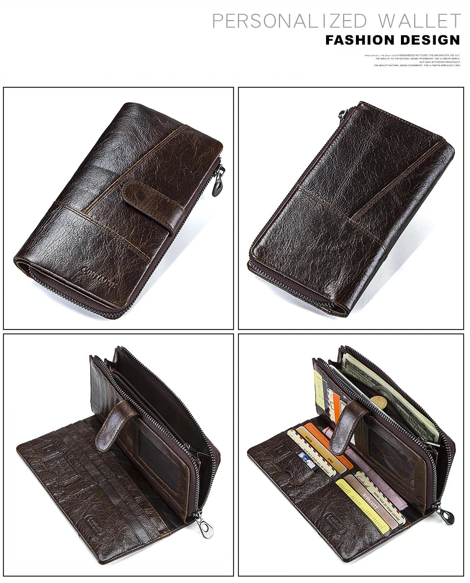 Herren Echtleder Lange Geldbörse Vintage Bifold Reißverschluss Kartenhalter Geldclip