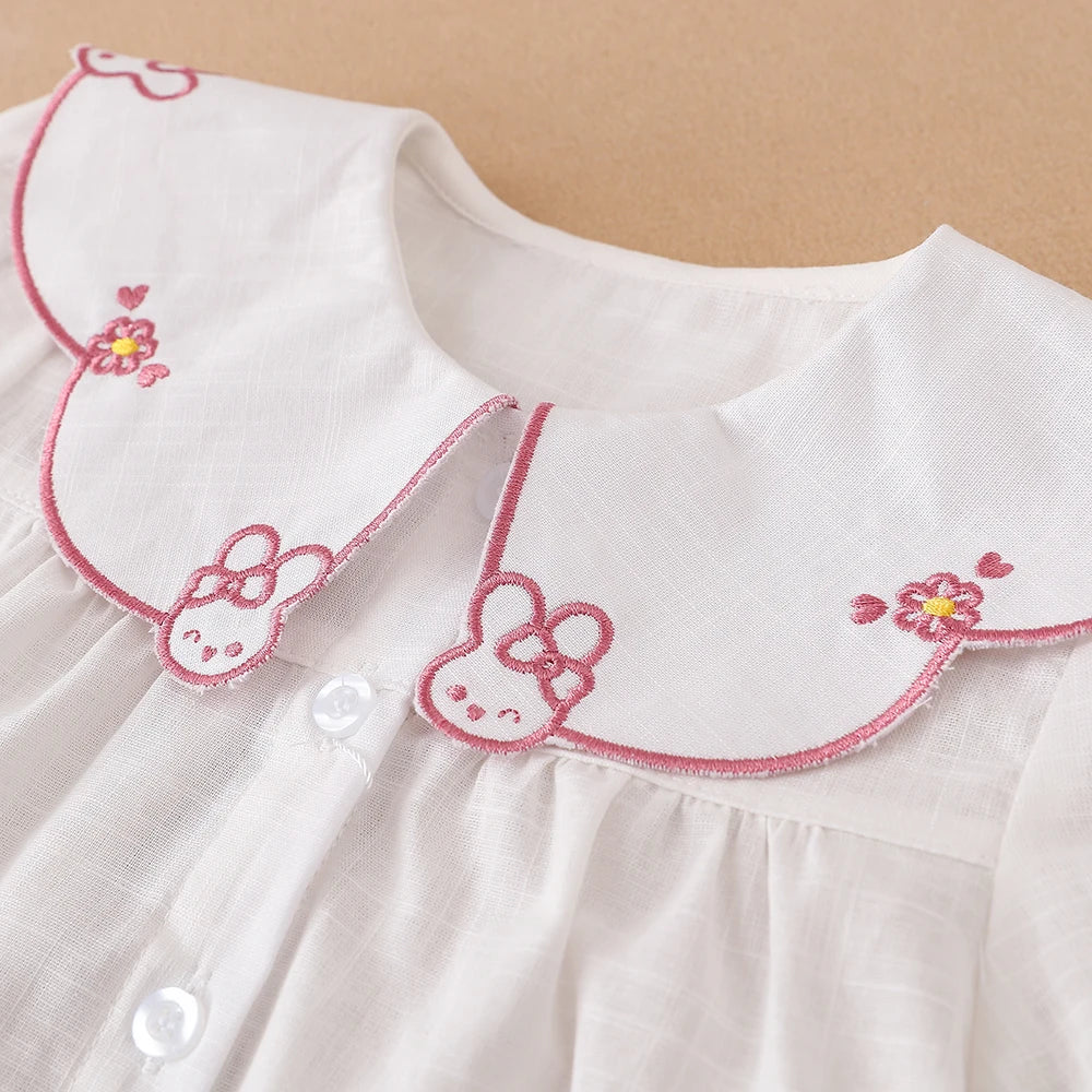Mädchen-Shirt 2025, Frühling und Herbst, Baby-Kinder, 100 % Baumwolle, langärmelige Kleidung, niedliches Kaninchen, bestickte Oberteile für 2–6 Jahre