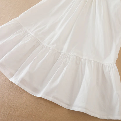 Mädchenkleid mit marineblauer Schleife, 100 % Baumwolle, kurzärmeliges, plissiertes Hemdkleid für lässige Schulkleidung, 5–12 Jahre, Sommerkleidung