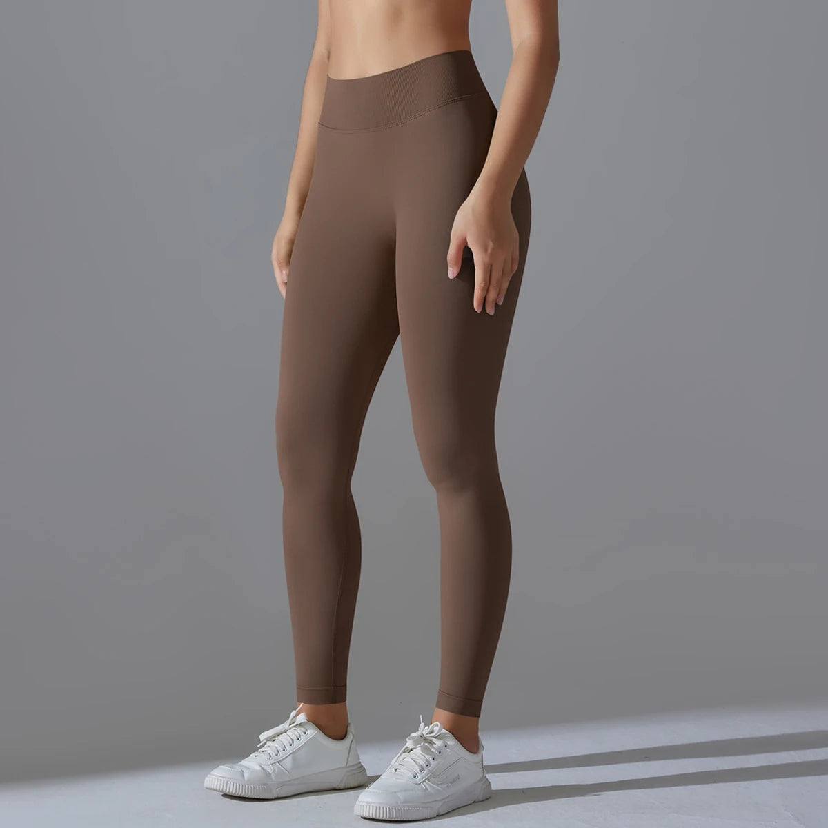 Nahtlose Yoga-Hose für Damen, hohe Taille, braun, lang geschnitten