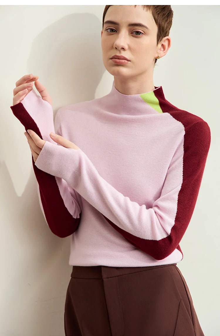 Damen-Pullover mit Stehkragen, rosa mit weinroten Ärmel-Colorblocking, Langarm