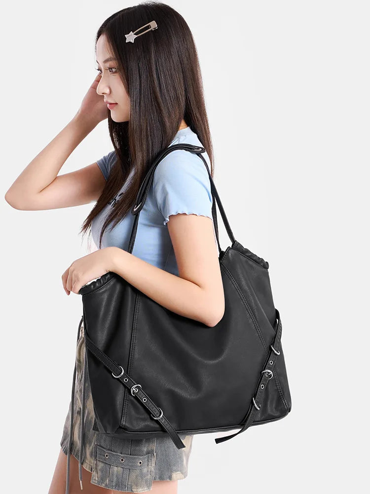 Damen-Schultertasche aus weichem PU mit verstellbaren Schnallenriemen und großem Fassungsvermögen dunkelgrau