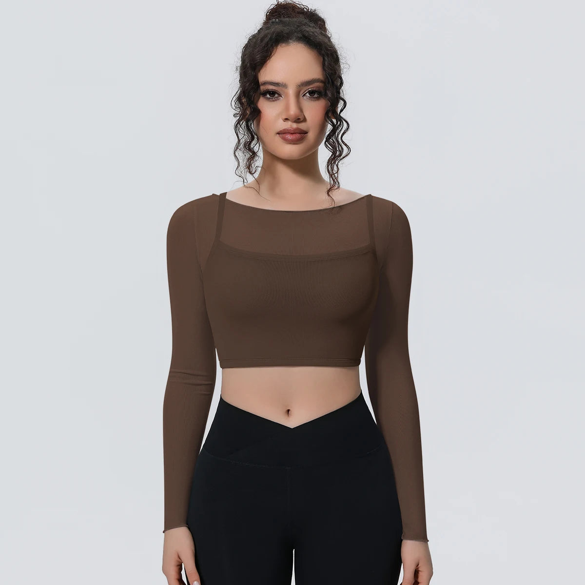 Damen Langarm-Yoga-Shirt kaffeebraun, enges Crop-Top mit langen Ärmeln und Mesh-Optik
