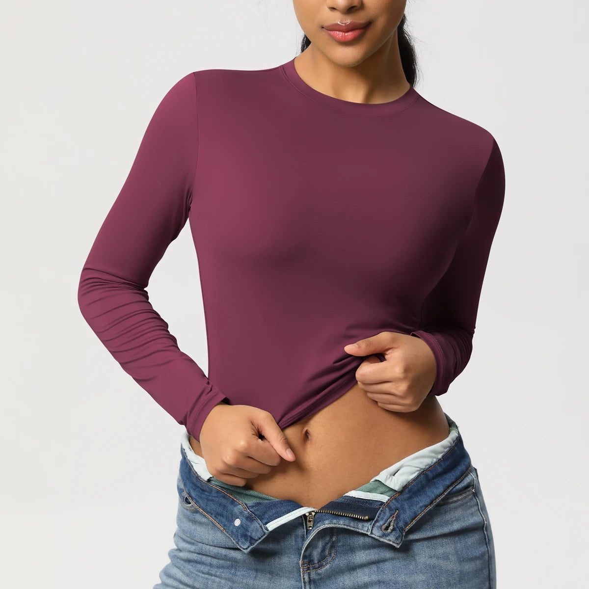 Damen-Langarmshirt Slim Fit bordeauxrot, körpernah mit Rundhals und langen Ärmeln