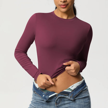 Damen-Langarmshirt Slim Fit bordeauxrot, körpernah mit Rundhals und langen Ärmeln