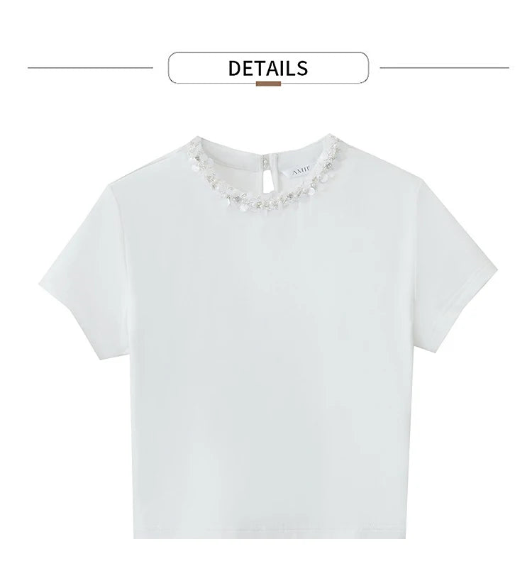 Damen Kurz-T-Shirt im minimalistischen Stil mit elastischen Perlen und Pailletten-Dekoration