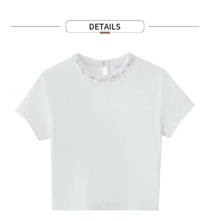Damen Kurz-T-Shirt im minimalistischen Stil mit elastischen Perlen und Pailletten-Dekoration