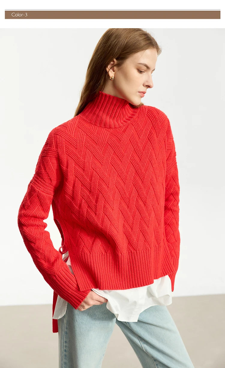 Damen-Rollkragenpullover locker Schnürung Herbst-Winter