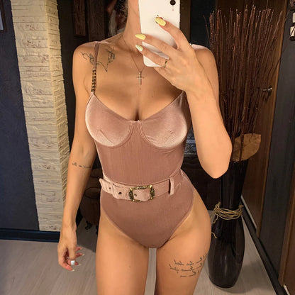 Damen-Badeanzug Rippe Gürtel High-Cut Bodysuit einteilig