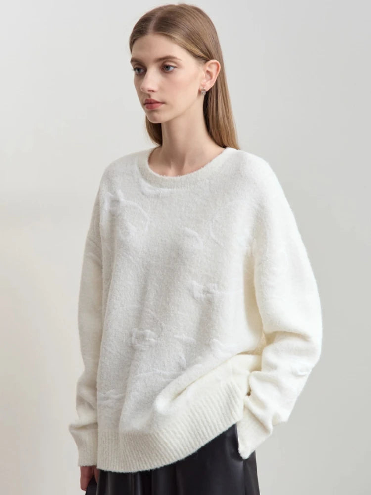 Damenpullover mit Rundhalsausschnitt aus hellem Jacquard-Strick, lange Ärmel