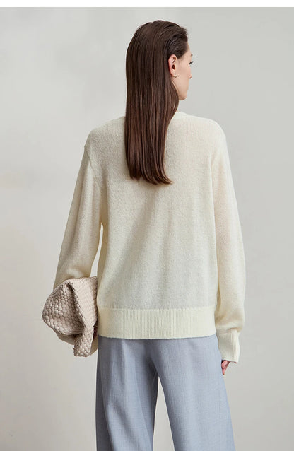 Damenpullover cremefarben, Rückansicht, gerippter Saum und Ärmelbündchen, lange Ärmel