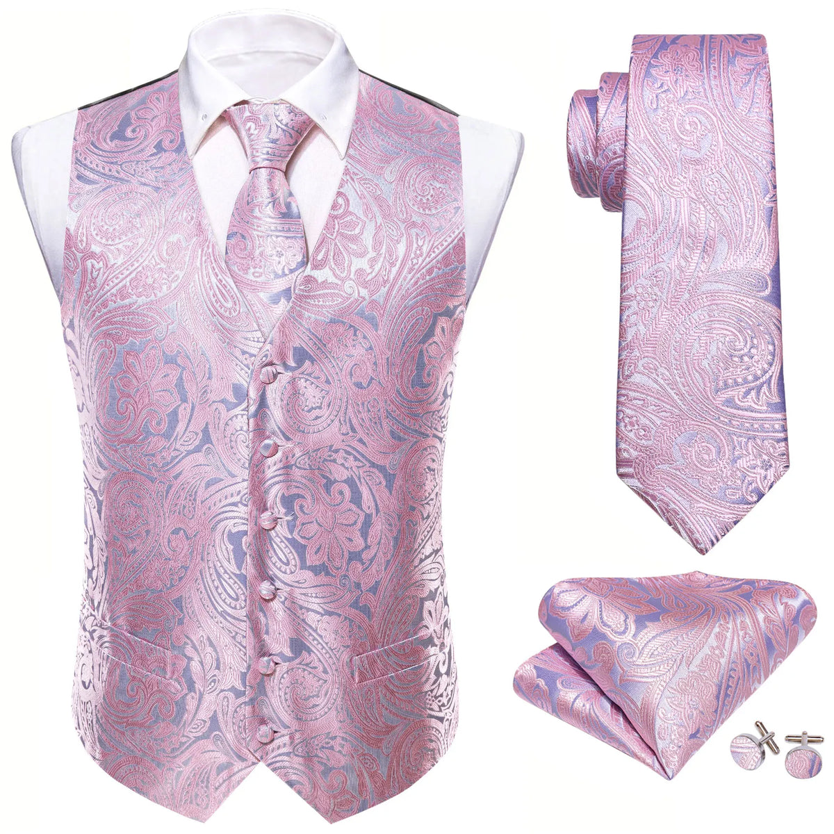 Herrenweste-Set Paisley-Jacquard in Helllila/Rosé, mit Krawatte und Einstecktuch