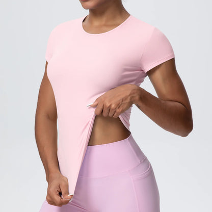 Damen-Yoga-Shirt, kurzarm, hellrosa, Rundhalsausschnitt, figurbetont