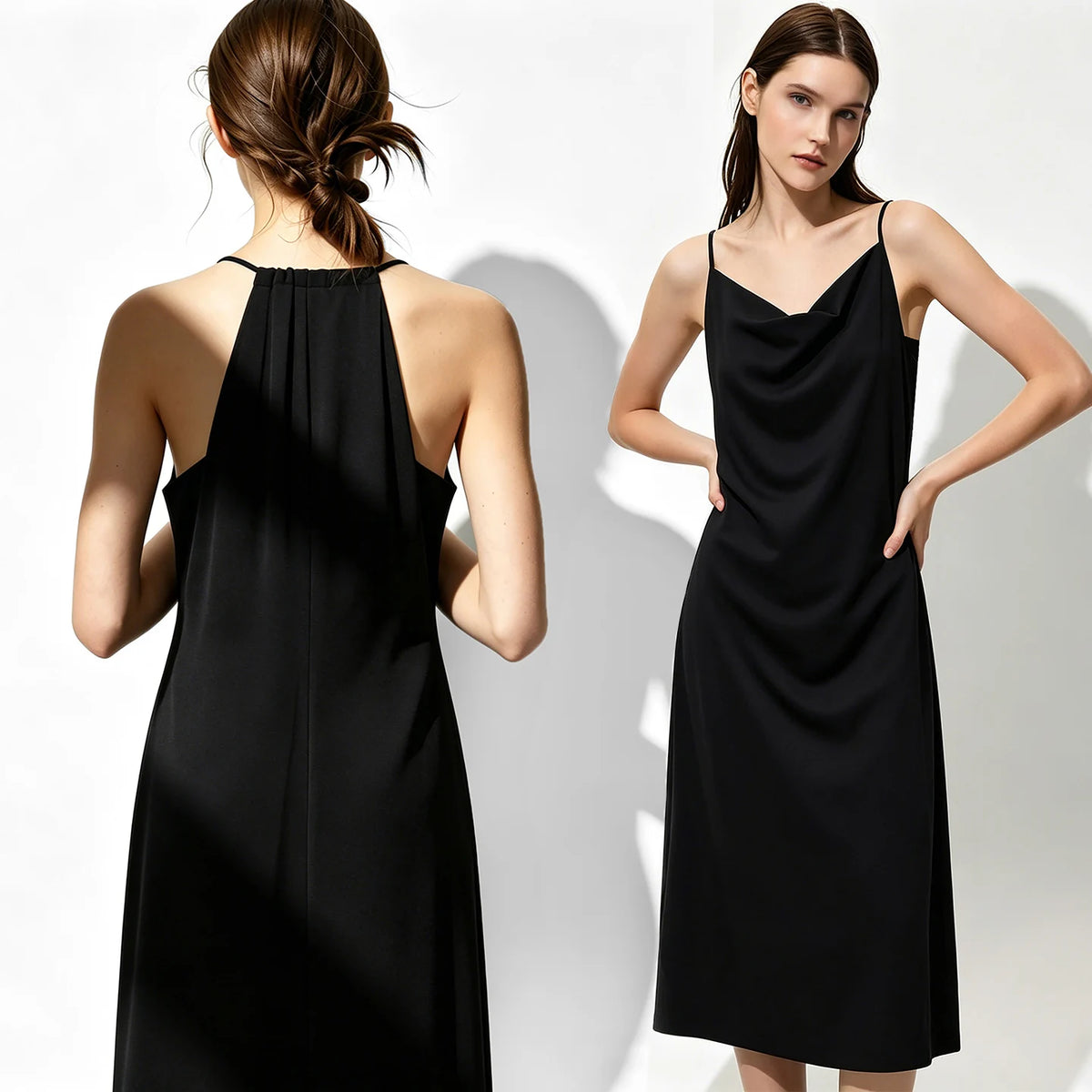 Schwarzes Midikleid, Vorder- und Rückansicht mit Falten am Wasserfallausschnitt