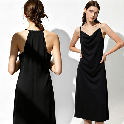 Schwarzes Midikleid, Vorder- und Rückansicht mit Falten am Wasserfallausschnitt