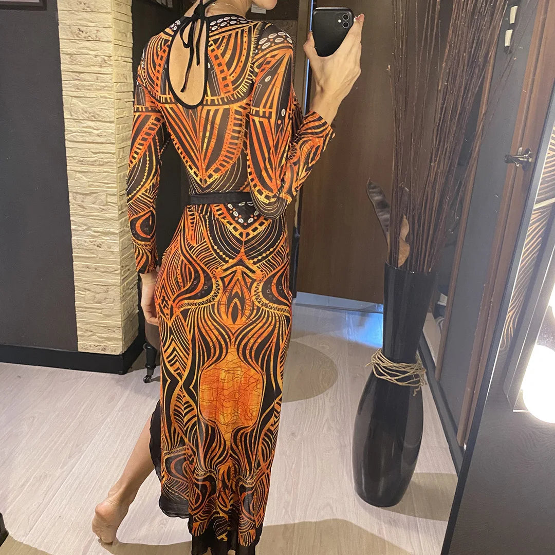 Damen-Badeanzug 3-teilig Print Langarm Sarong-Set gepolstert